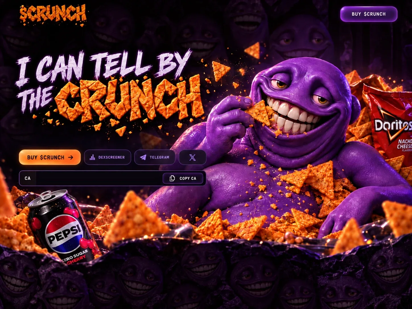 $CRUNCH mascot lounging in a pile of crunchy chips.