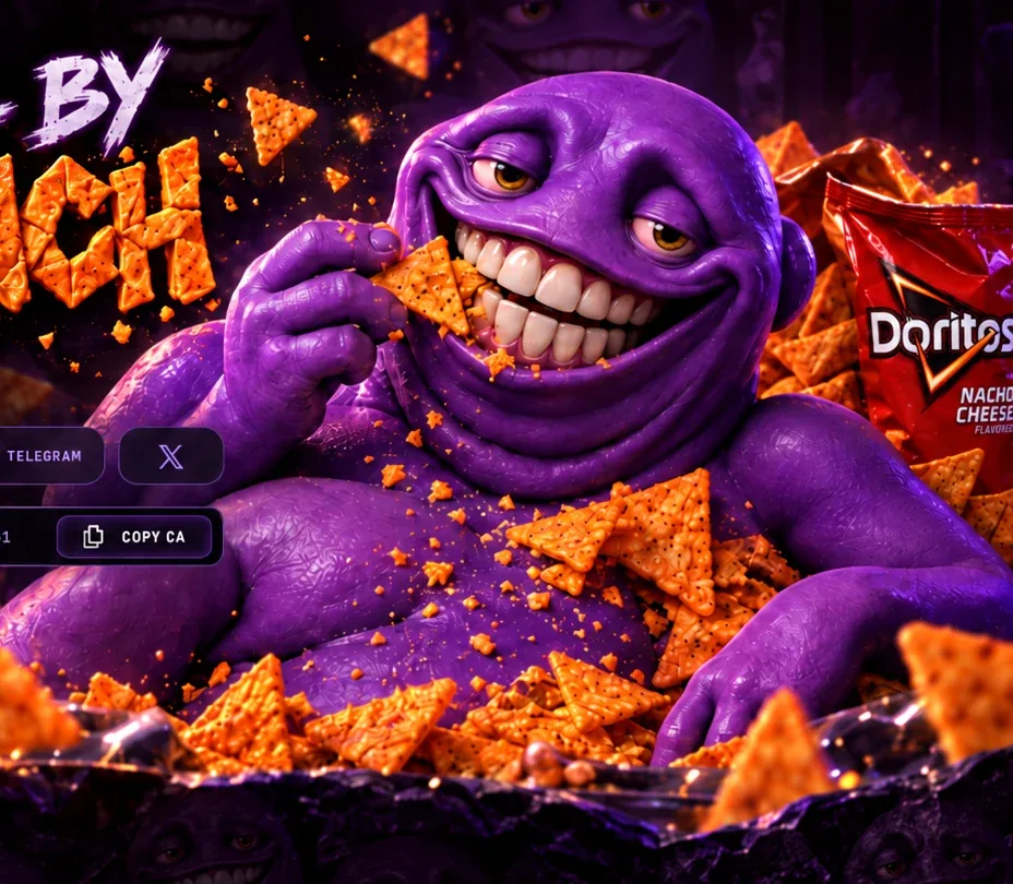 Purple $CRUNCH mascot eating a crunchy chip.